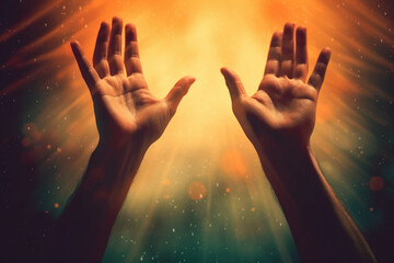 Human hands open palm up worship with faith in religion and belief in God on blessing background