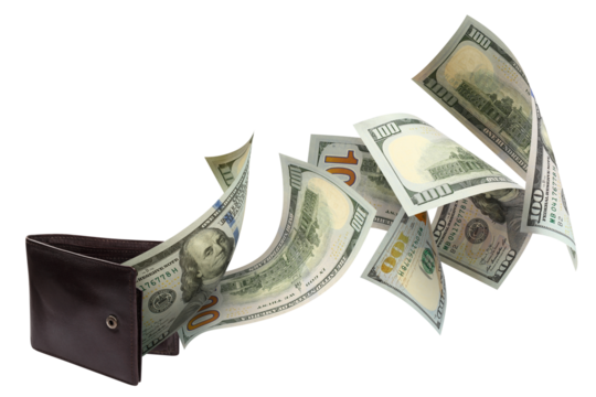 American 100 dollars banknotes flying out of a dark leather wallet, cut out