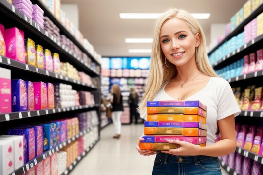 Young beautiful blonde women choosing perfume in fashion cosmetic shop. Woman testing and buying cosmetics in beauty store. Elegant pretty female with goods in her hands, shopping. Generative AI