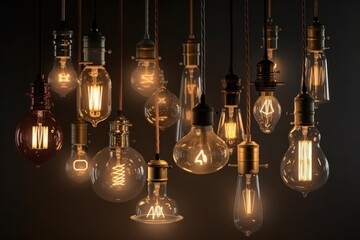 Fototapeta na wymiar Decorative vintage Edison style incandescent light bulbs on a dark background in a loft style interior. Generative AI