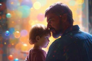 Father's day. Dad with child, Happy time with family, Celebrate a birthday. Good relationship between parent and kids. Generation, age, nostalgia. Smile love, enjoy, laugh. Fathers day. Generative AI