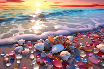Love shimmers on the white beach with transparent and colorful candy colored crystal stones