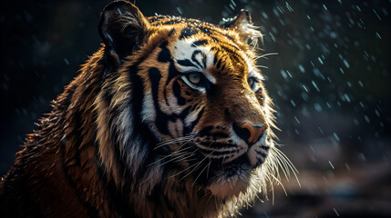 Portrait of an adult Siberian tiger relaxing in rain. Close up.
