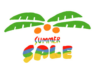 水彩手描き風 ヤシの木とサマーセールのロゴ