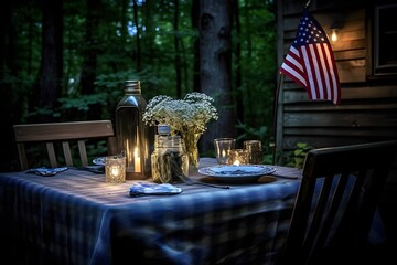 Dynamic Outdoor Gathering: Dramatic Lighting and Americana Holiday Vibes. Created with generative AI tools - obrazy, fototapety, plakaty