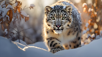 Obraz premium Snow Leopard Staring Intently at the Camera in Natural Habitat