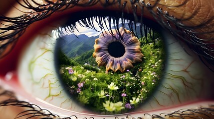 Gaze into Serenity: Human Eye Portal to a Tranquil Mountain Landscape. Created with generative AI tools.