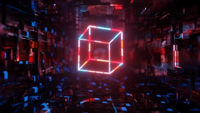 3d Object Or Structure Rotates And Moves Inside Glass Mirror Tunnel With Neon Light, Bright Reflections. Cube. Fantastic Abstract Bg In 4k. Vj Loop For Show. Sci Fi Bg Fly Through Hi Tech Tunnel