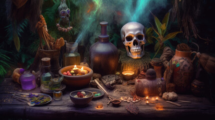 indigenous witchcraft offering ritual occult voodoo medicinal shamanism altar - by generative ai - obrazy, fototapety, plakaty