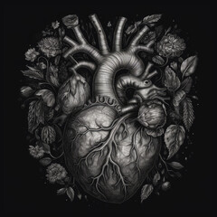 Fototapeta premium occult, black and white sketch of an anatomical heart - by generative ai