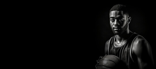 Fototapeta na wymiar Black and white photorealistic studio portrait of a basketball player on black background. Generative AI illustration
