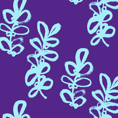Vector pattern of branches in a simple style. Drawing by hand, ink, brush, doodle. Background, wallpaper, wrapping paper, fabric, gift wrapping. Blue on purple. Eps10