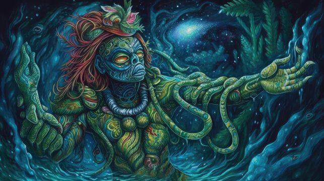 fantasy alien snake shaman in the jungle moonlight - by generative ai
