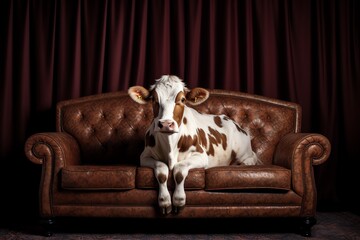 A cow sitting a on brown leather sofa - obrazy, fototapety, plakaty