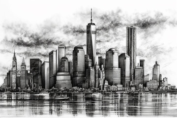 City skyline with skyscrapers pencil drawing. Ai generated