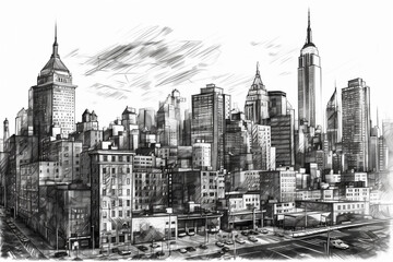 Naklejka premium City skyline with skyscrapers pencil drawing. Ai generated
