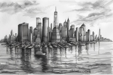 Fototapeta premium City skyline with skyscrapers pencil drawing. Ai generated
