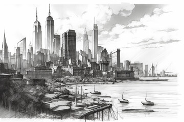 Fototapeta premium City skyline with skyscrapers pencil drawing. Ai generated