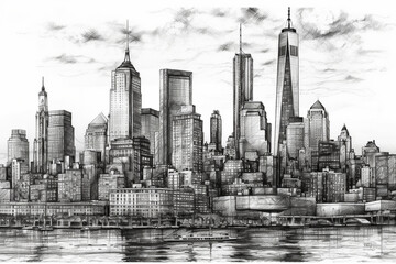 Fototapeta premium City skyline with skyscrapers pencil drawing. Ai generated