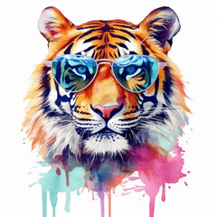 A cute Tiger with Sunglasses in Watercolor, Portrait Picture, centered Tiger. generative ai.