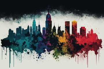 City skyline skyscrapers with splash of creative color vector design logo illustration. Ai generated