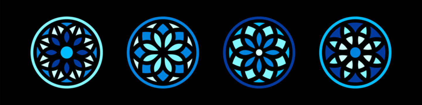 Stained glass simple illustrations collection. Circle shape, stylize flat rose window vector ornament. Round frames set, radial floral motive design elements. Colorful tiny mosaic decorations.