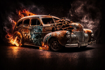 Hot rod classic car on fire concept idea. Ai generated