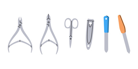 Manicure and pedicure tools icon. Nail polish, nail files, nail tongs, cuticle scissor silhouette. Vector illustration.