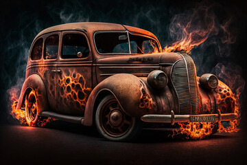 Hot rod classic car on fire concept idea. Ai generated