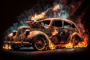 Hot rod classic car on fire concept idea. Ai generated