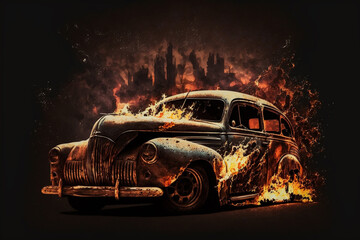 Fototapeta na wymiar Hot rod classic car on fire concept idea. Ai generated