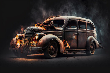 Hot rod classic car on fire concept idea. Ai generated