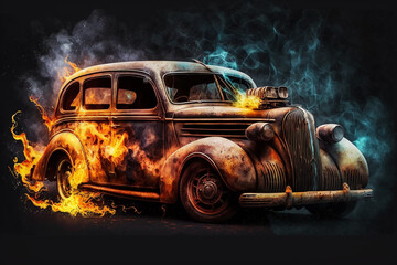 Hot rod classic car on fire concept idea. Ai generated