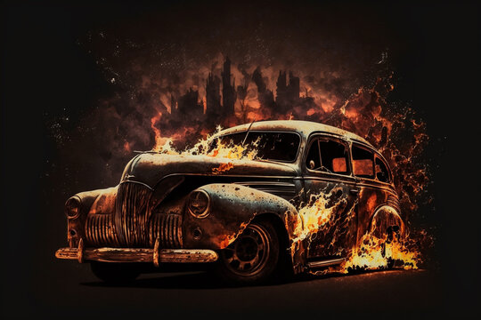 Hot rod classic car on fire concept idea. Ai generated