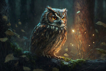 Majestic owl in the forest close up macro. Ai generated