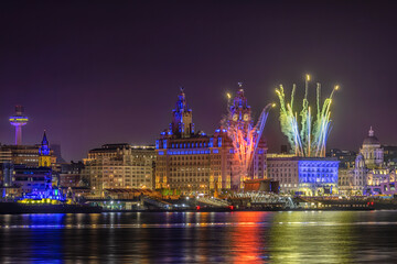 Fototapeta na wymiar Fireworks at Liverpool waterfront for Eurovision 2023