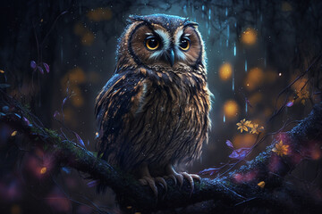Majestic owl in the forest close up macro. Ai generated