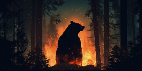 Silhouette of a bear caught in a forest fire by generative AI