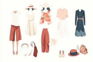 Hand drawing watercolor sketch outfit. fashion illustration. back to school. set of isolated elements. Generative AI