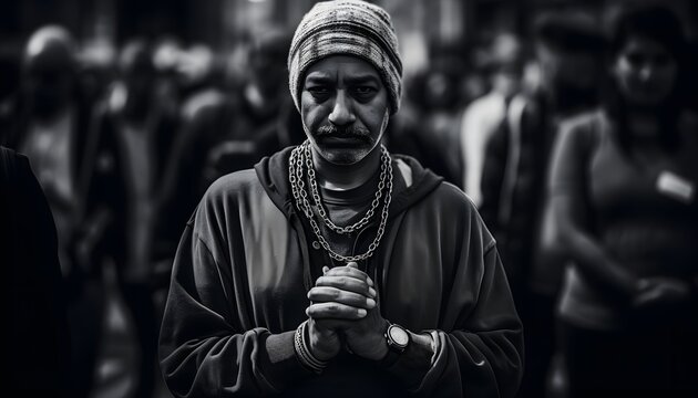 Rising Against Oppression: A Striking Black and White Image Capturing the Empowering Moment of a Person Standing Up to Social Injustice with a 50mm Focal Length Lens. Generative AI