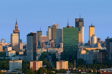 Aerial view of Warsaw city center during sunset