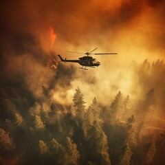 Fototapeta na wymiar A helicopter dropping water on a wildfire in rugged terrain, backlit by a setting sun filtered through multiple layers of smoke. Generative AI