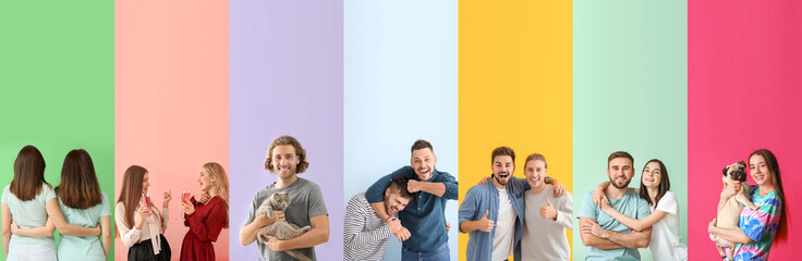 Collage of different people with their friends on color background