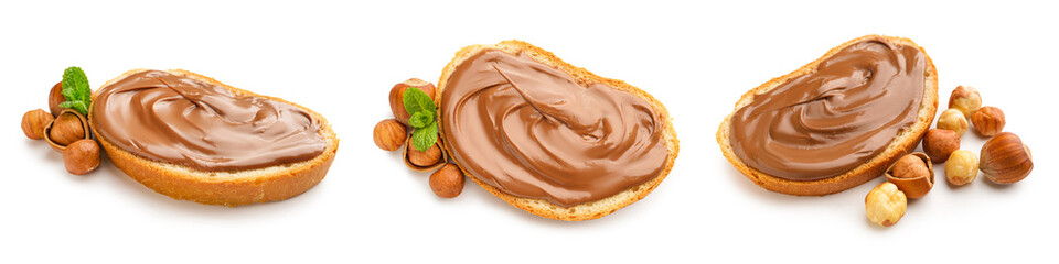 Set of fresh bread with chocolate paste and hazelnuts on white background