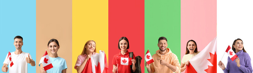 Set of people with Canadian flags on color background