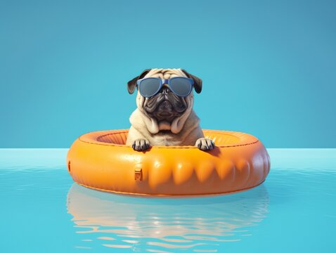 A pug dog on holidays, wearing sunglasses swimming in the pool in orange inflatable circle. Generative Ai technology.