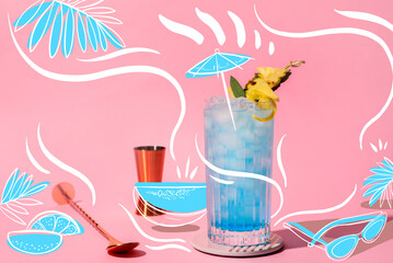 Glass of Blue Lagoon cocktail on pink background