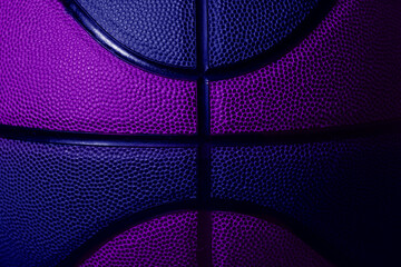 Closeup detail of blue and violet basketball ball texture background. Horizontal sport theme poster, greeting cards, headers, website and app