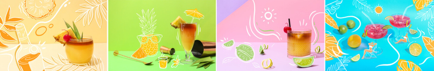 Collage of cold summer cocktails on color background - obrazy, fototapety, plakaty