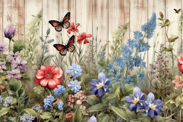 Wild flowers on wooden background with butterflies